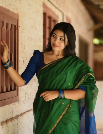Bottle Green and Blue - Silk cotton Handloom Saree