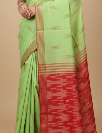 Parrot Green - Red Ikkat Linen Cotton Saree