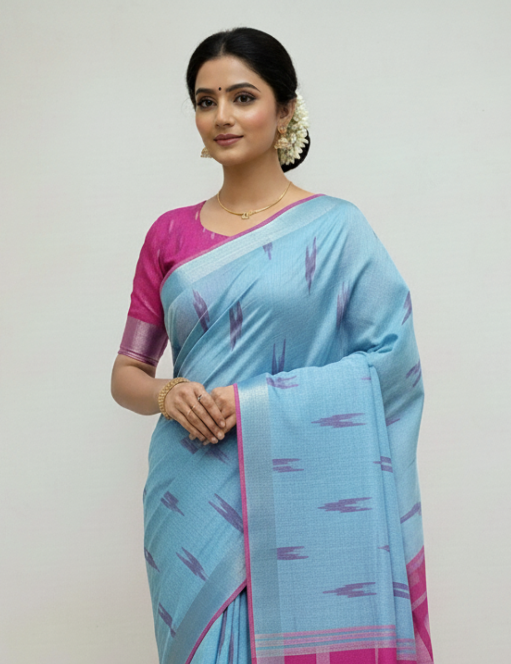 Sky Blue - Pink Ikkat Linen Cotton Saree