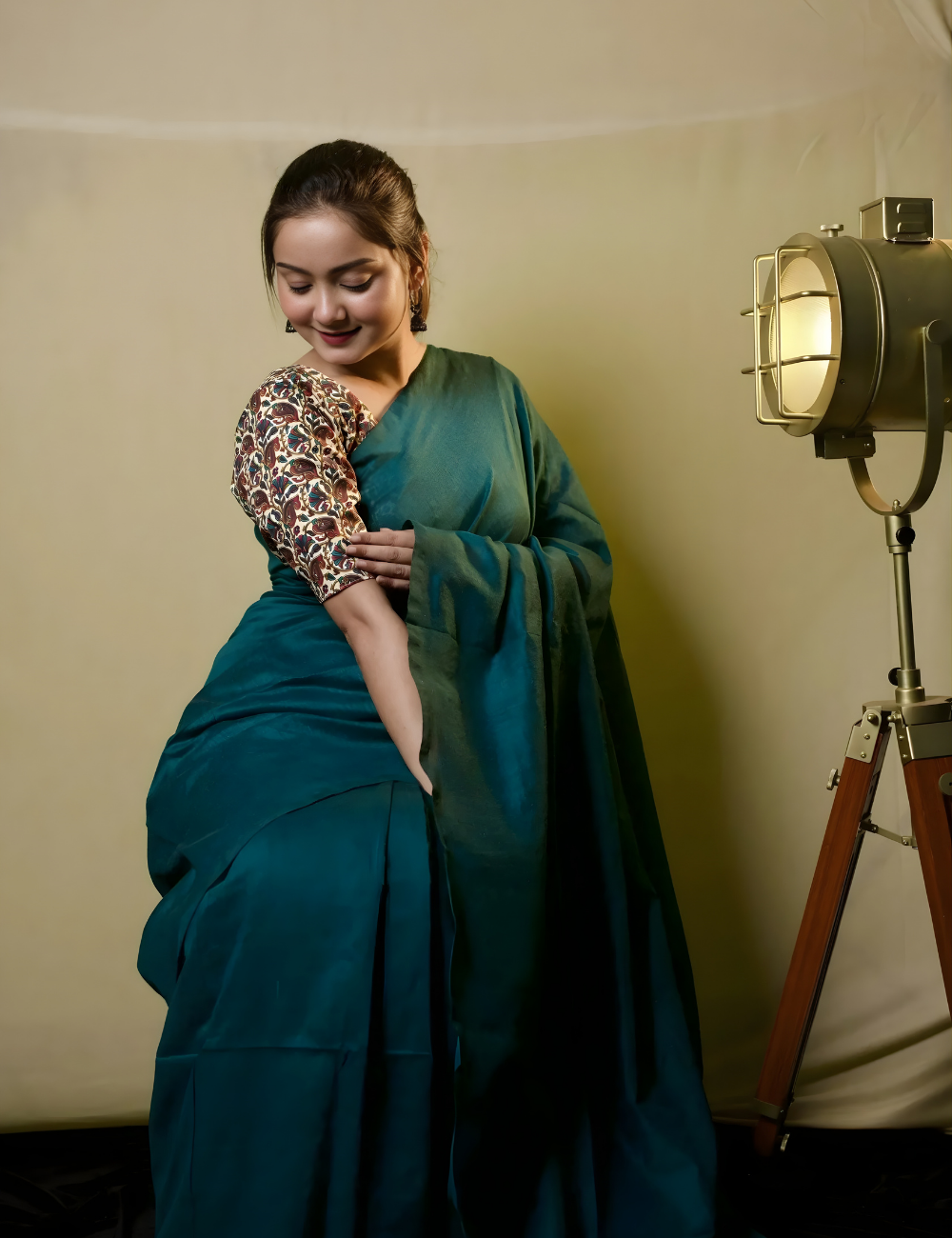 Teal Blue cotton Handloom saree with White printed blouse