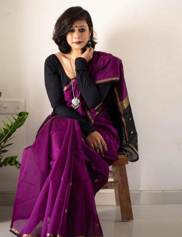 Deep Violet and Black - Silk cotton Handloom Saree