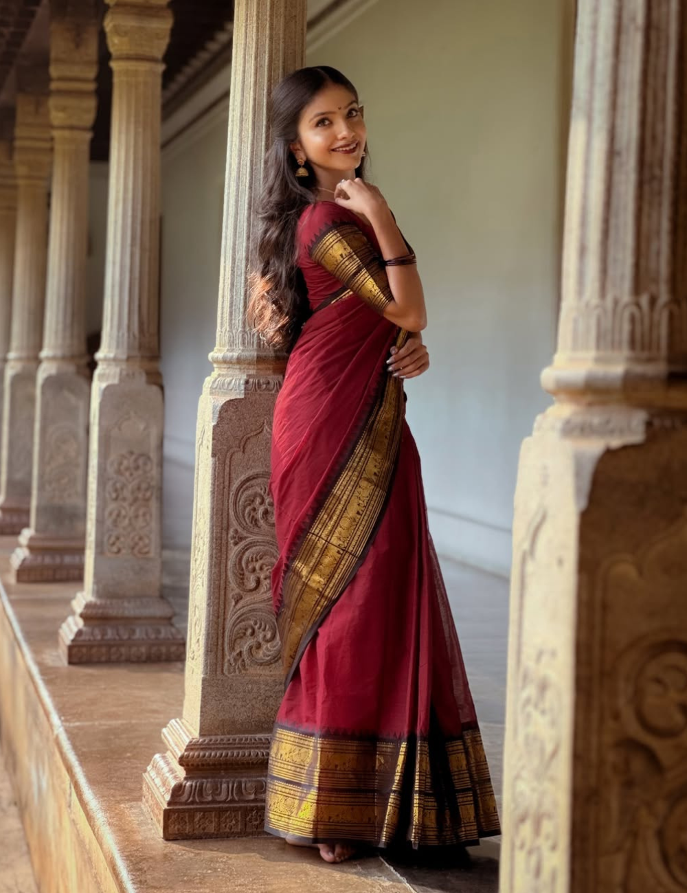 Maroon with Black Vintage Kanchi Cotton Saree