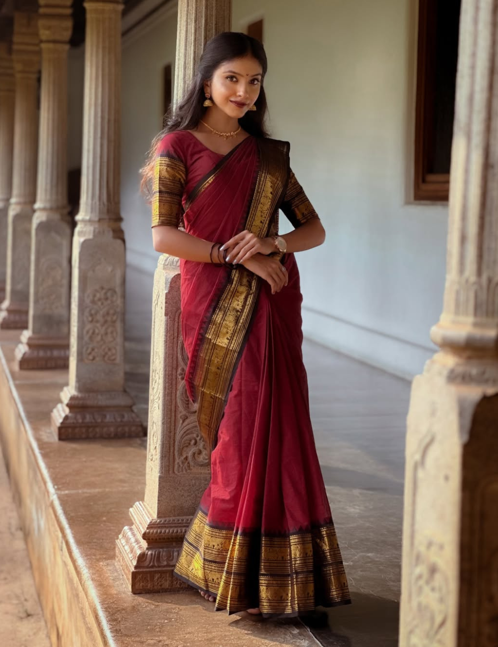 Maroon with Black Vintage Kanchi Cotton Saree