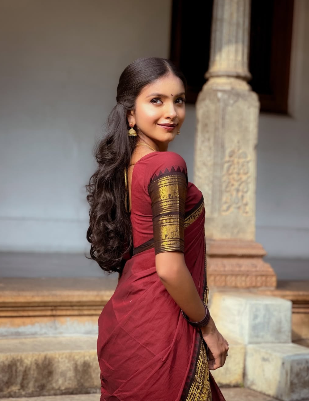 Maroon with Black Vintage Kanchi Cotton Saree