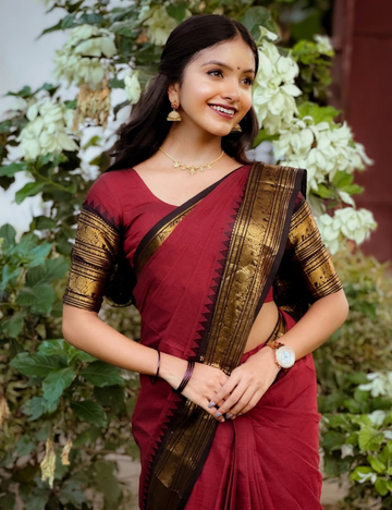 Maroon with Black Vintage Kanchi Cotton Saree