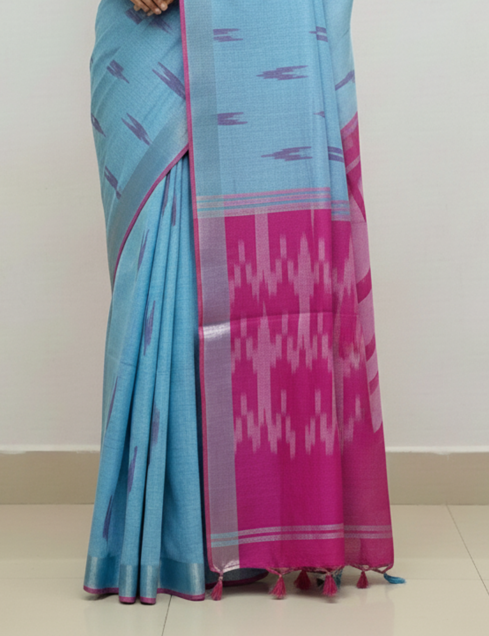 Sky Blue - Pink Ikkat Linen Cotton Saree