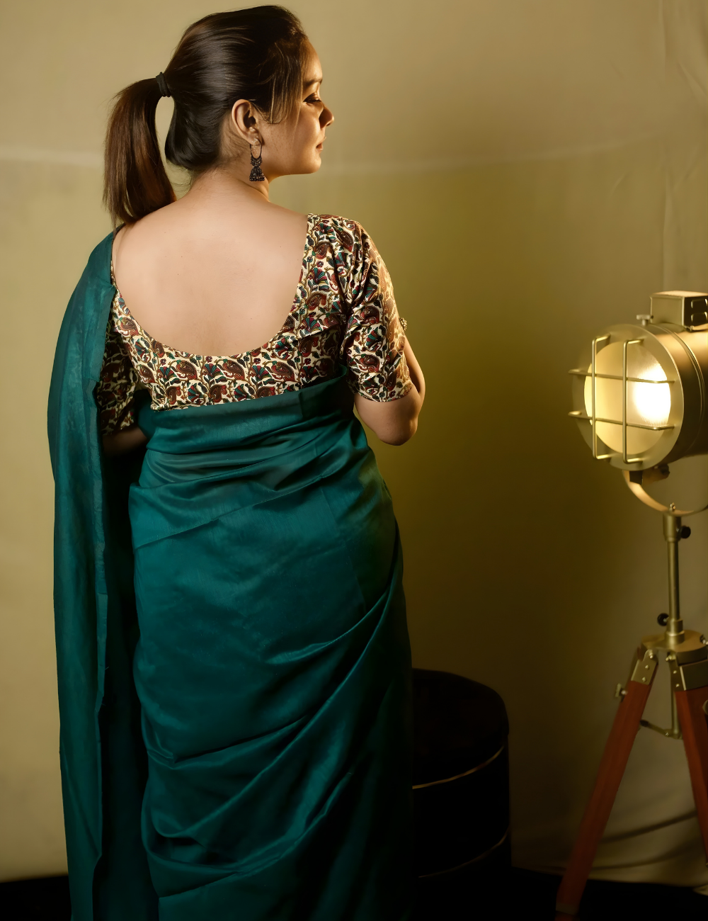 Teal Blue cotton Handloom saree with White printed blouse