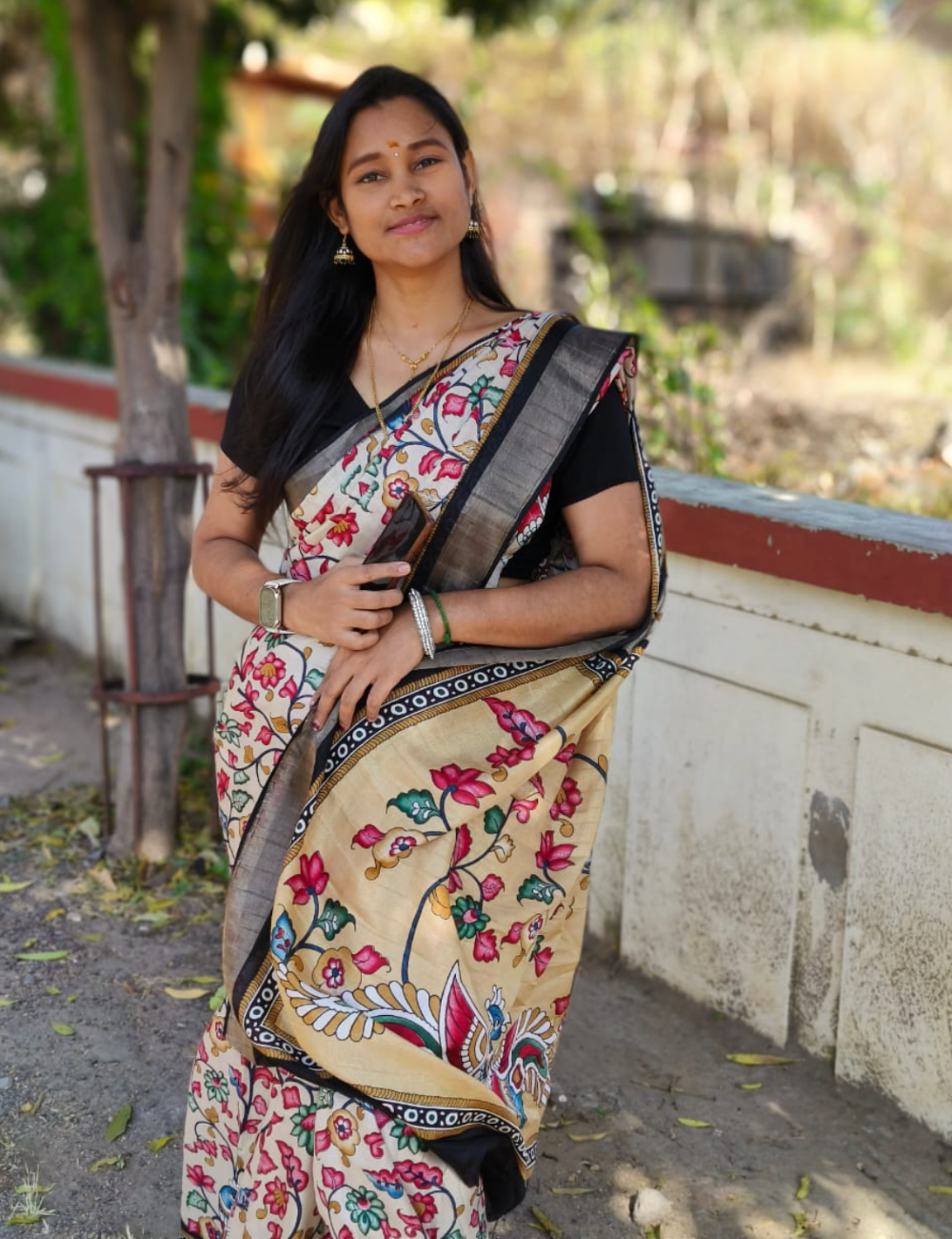 Half White Kalamkari Semi Tussar Silk Saree