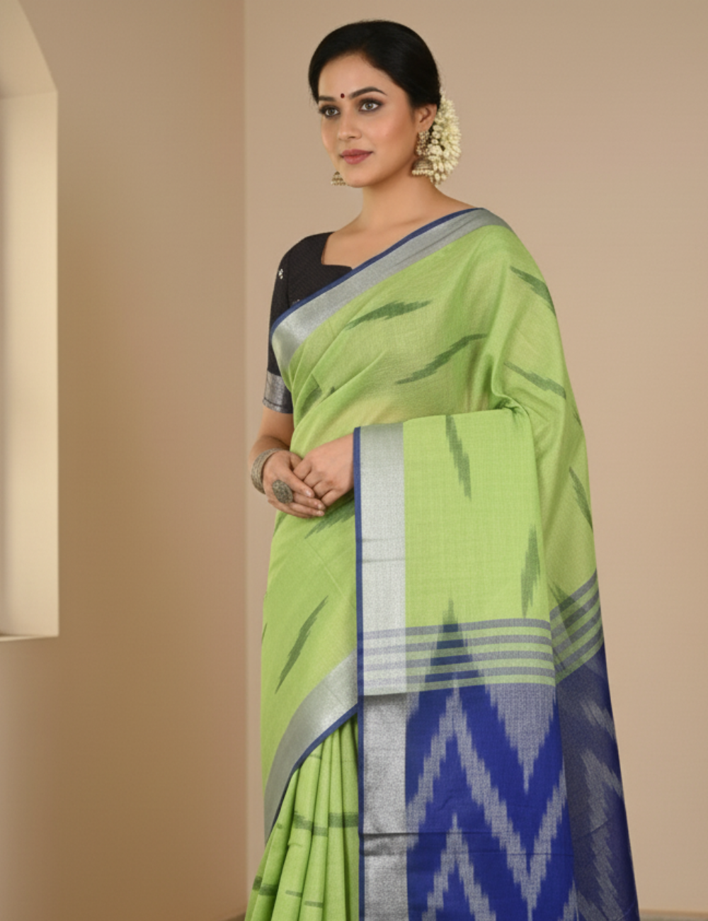 Parrot Green - Blue Ikkat Linen Cotton Saree