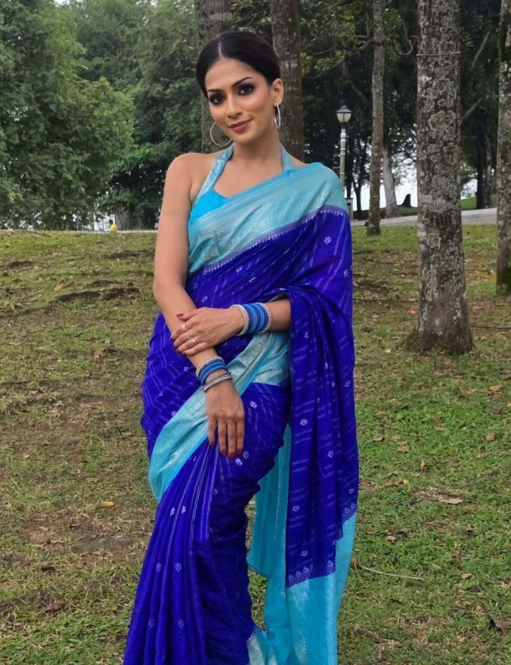 Pepsi Blue Banarasi Semi Silk Saree