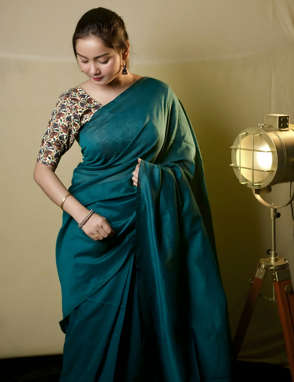 Teal Blue cotton Handloom saree with White printed blouse