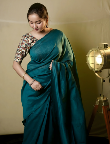 Teal Blue cotton Handloom saree with White printed blouse