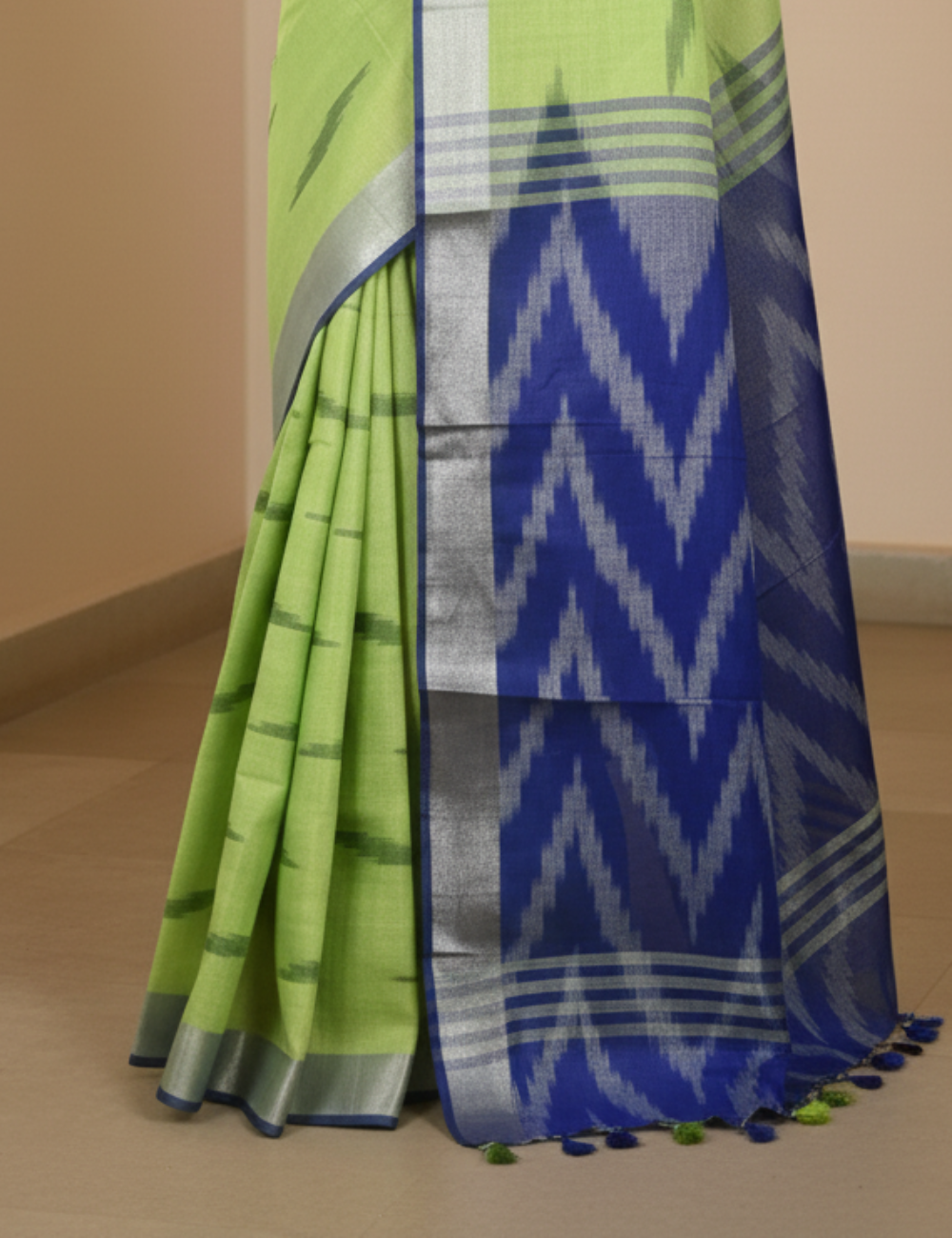Parrot Green - Blue Ikkat Linen Cotton Saree
