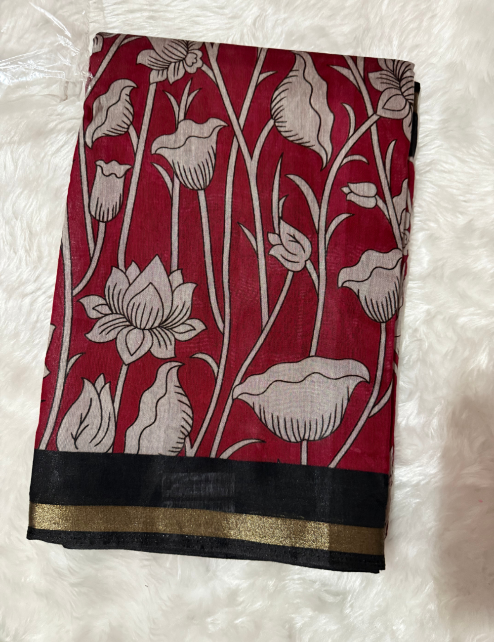 Floral Kalamkari Silk Saree – Red with Black Zari Border