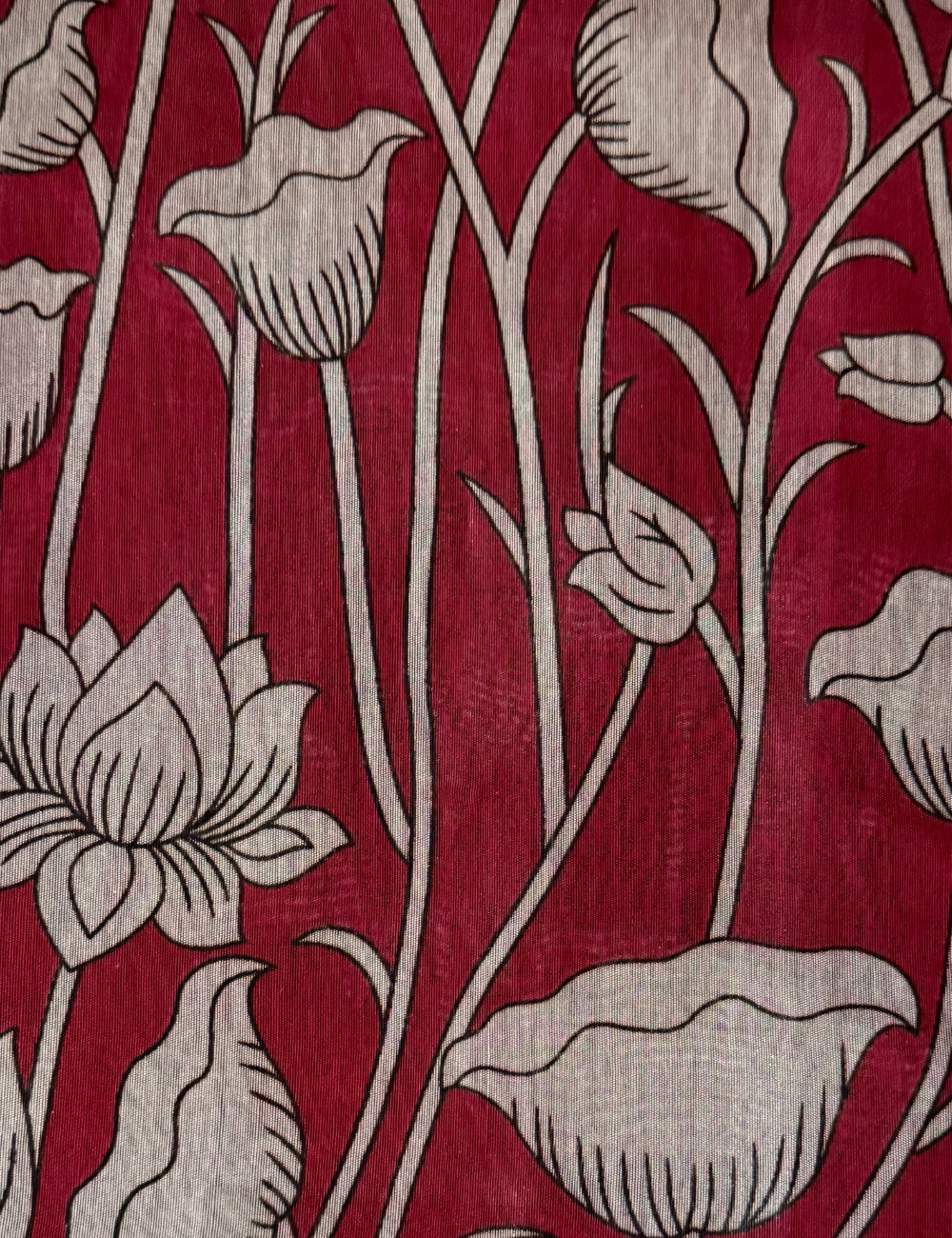 Floral Kalamkari Silk Saree – Red with Black Zari Border