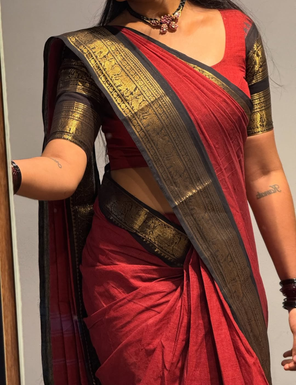 Maroon with Black - Vintage Chettinad Cotton saree