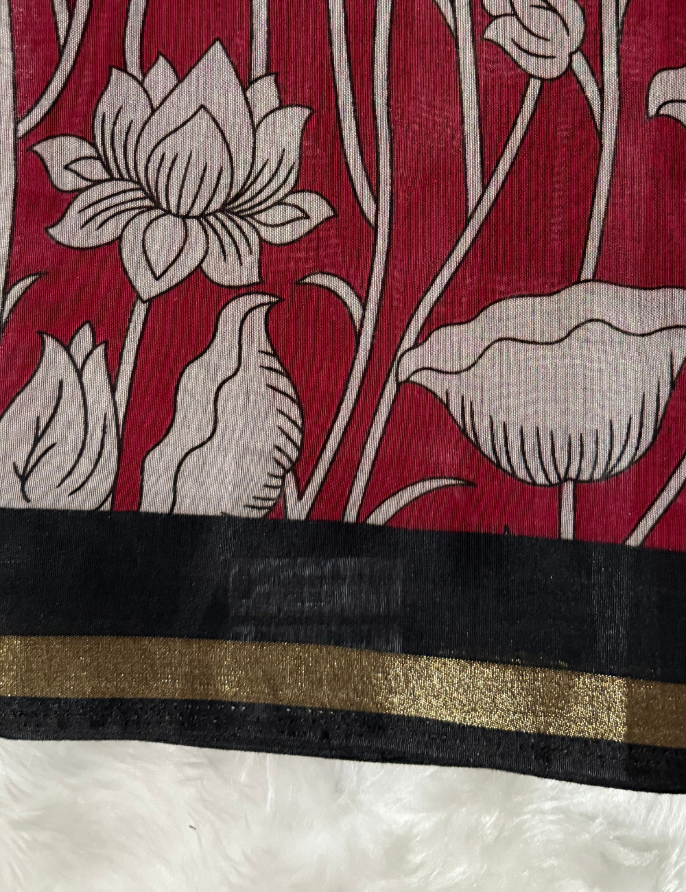 Floral Kalamkari Silk Saree – Red with Black Zari Border