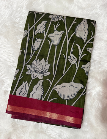 Floral Kalamkari Silk Saree – Green with Red Zari Border