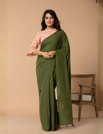 Olive Green cotton Handloom saree with White printed blouse