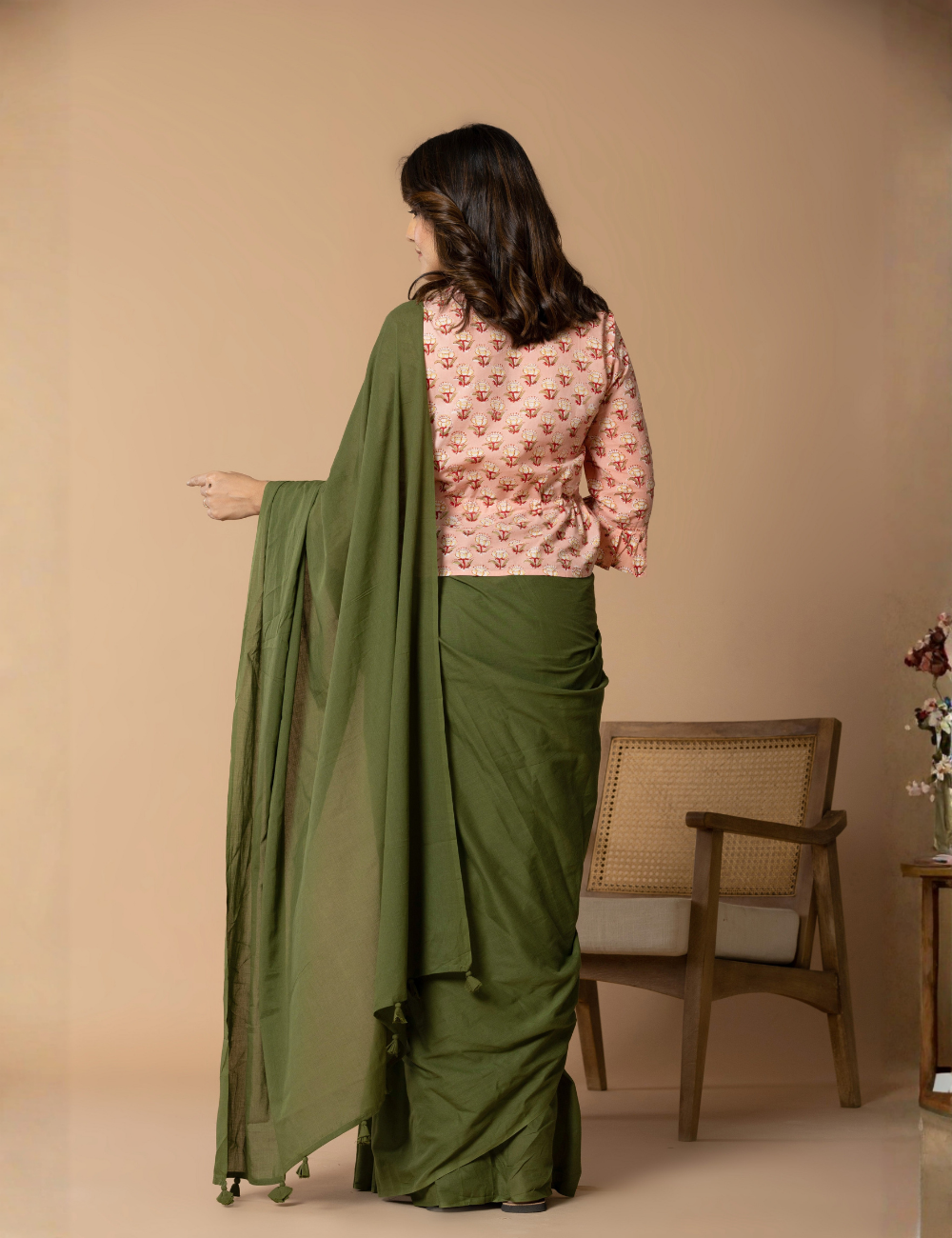 Olive Green cotton Handloom saree with White printed blouse