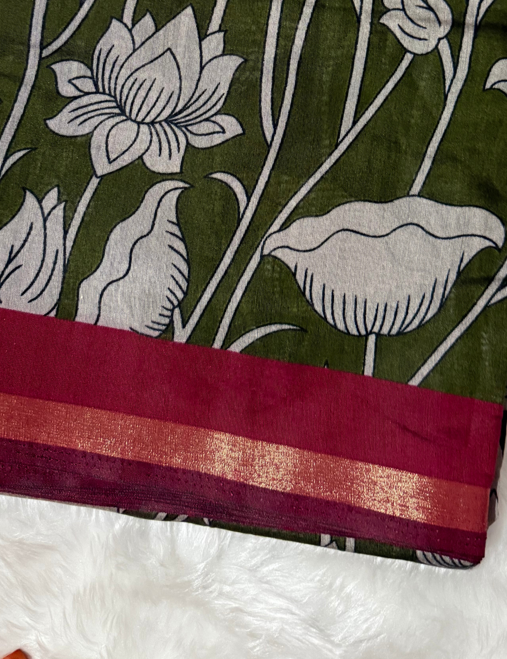 Floral Kalamkari Silk Saree – Green with Red Zari Border