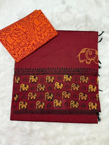 Maroon Elephant Motif Handblock Cotton Saree