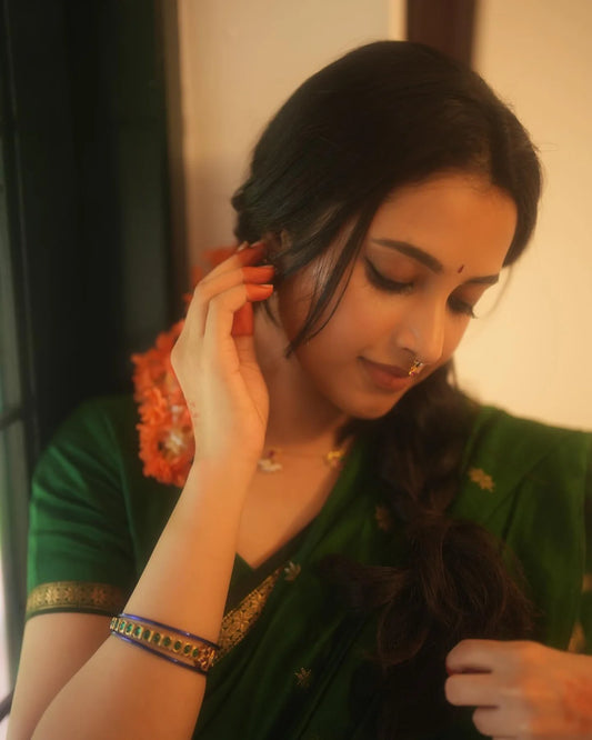 Priyanka Mohan inspired Bottle Green - Silk cotton Handloom Saree