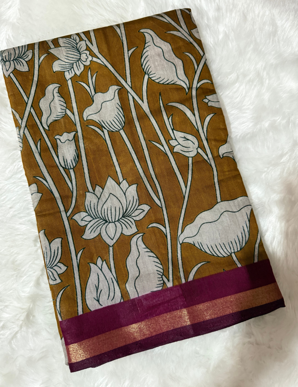 Floral Kalamkari Silk Saree – Mustard with Violet Zari Border