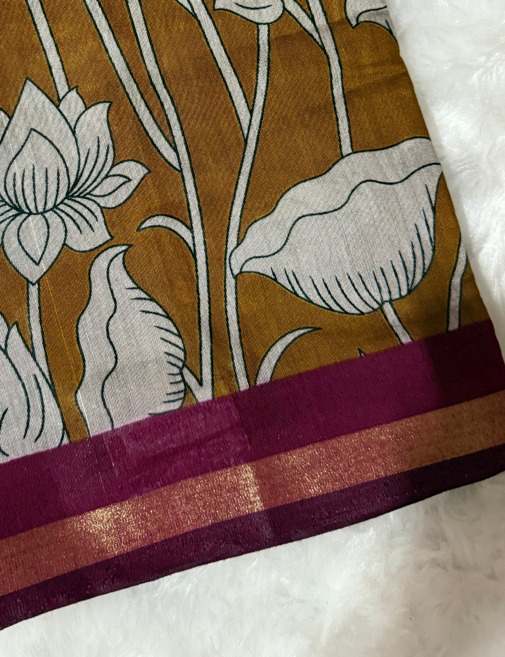 Floral Kalamkari Silk Saree – Mustard with Violet Zari Border