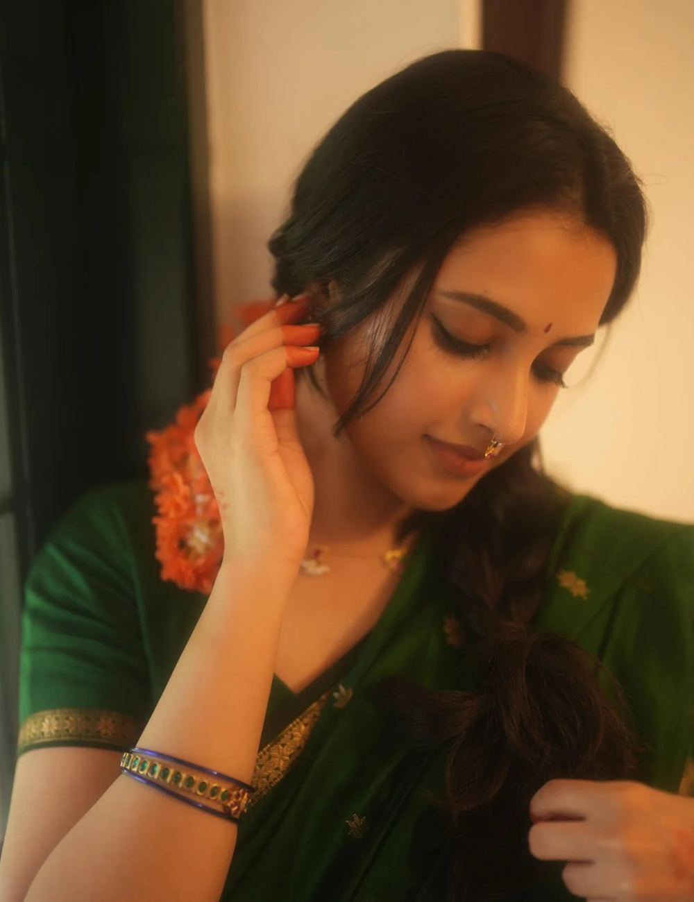 Priyanka Mohan inspired Bottle Green with Blue - Silk cotton Handloom Saree with blue color contrast blouse