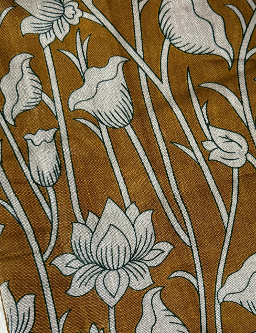 Floral Kalamkari Silk Saree – Mustard with Violet Zari Border