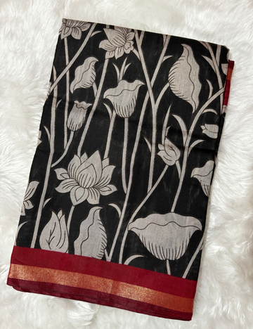 Floral Kalamkari Silk Saree – Black with Red Zari Border