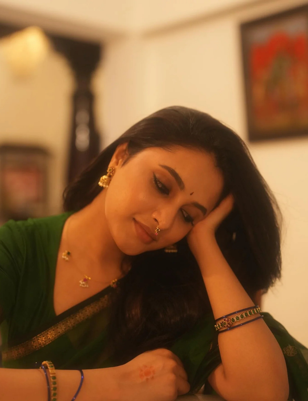 Priyanka Mohan inspired Bottle Green - Silk cotton Handloom Saree