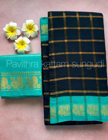 Navy Blue with Teal Pure Sungadi Cotton Handloom Saree