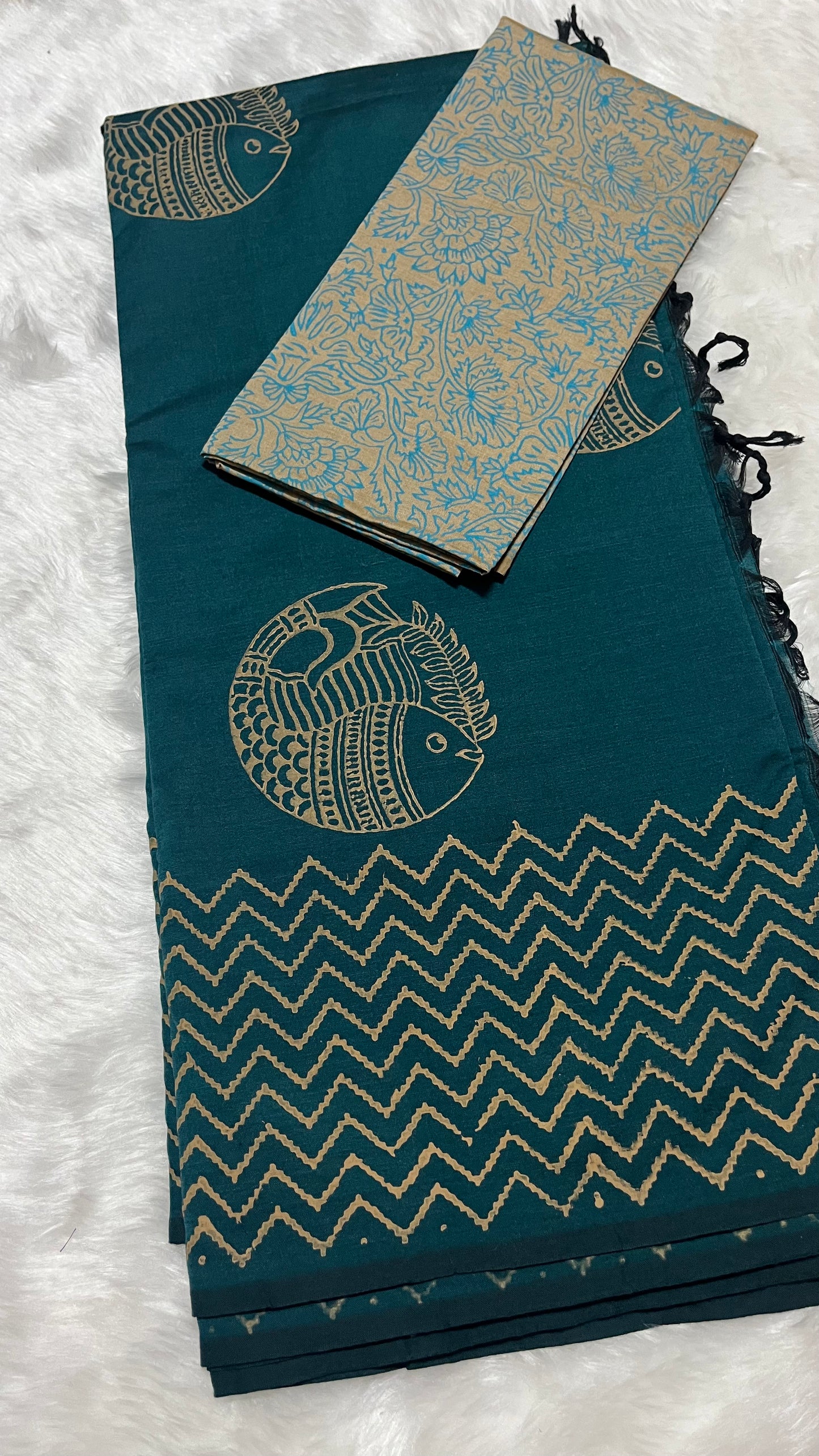 Meenakaari - Teal Blue Handblock South Cotton Printed Saree