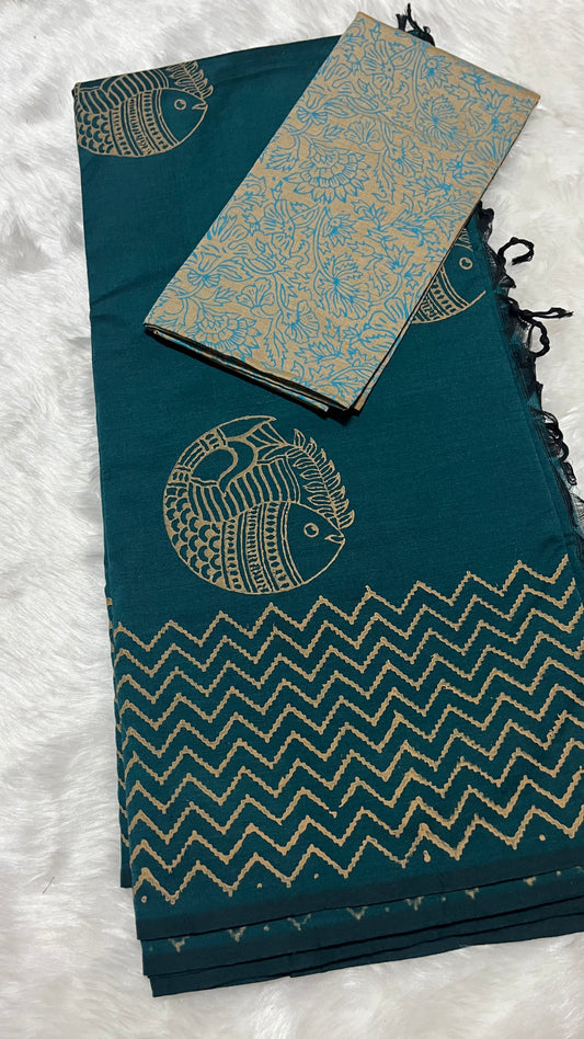 Meenakaari - Teal Blue Handblock South Cotton Printed Saree