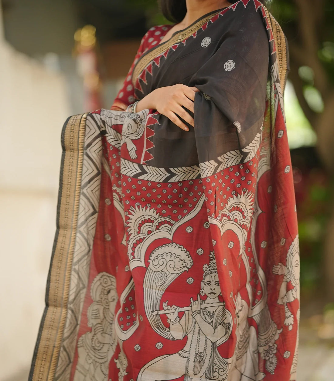 Black & Maroon Traditional Kalamkari Silk Nizam Border Saree