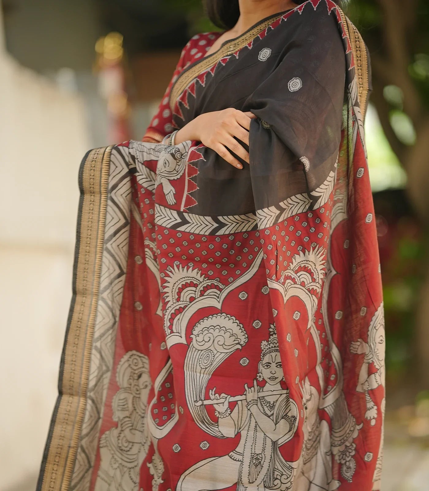 Black & Maroon Traditional Kalamkari Silk Nizam Border Saree