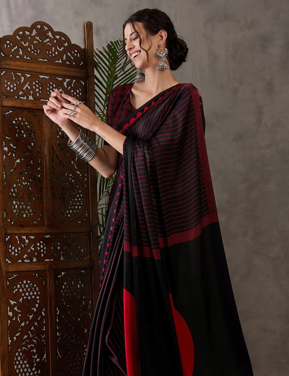 Black Red Line Ajrakh Premium Modal Silk Saree With Blouse
