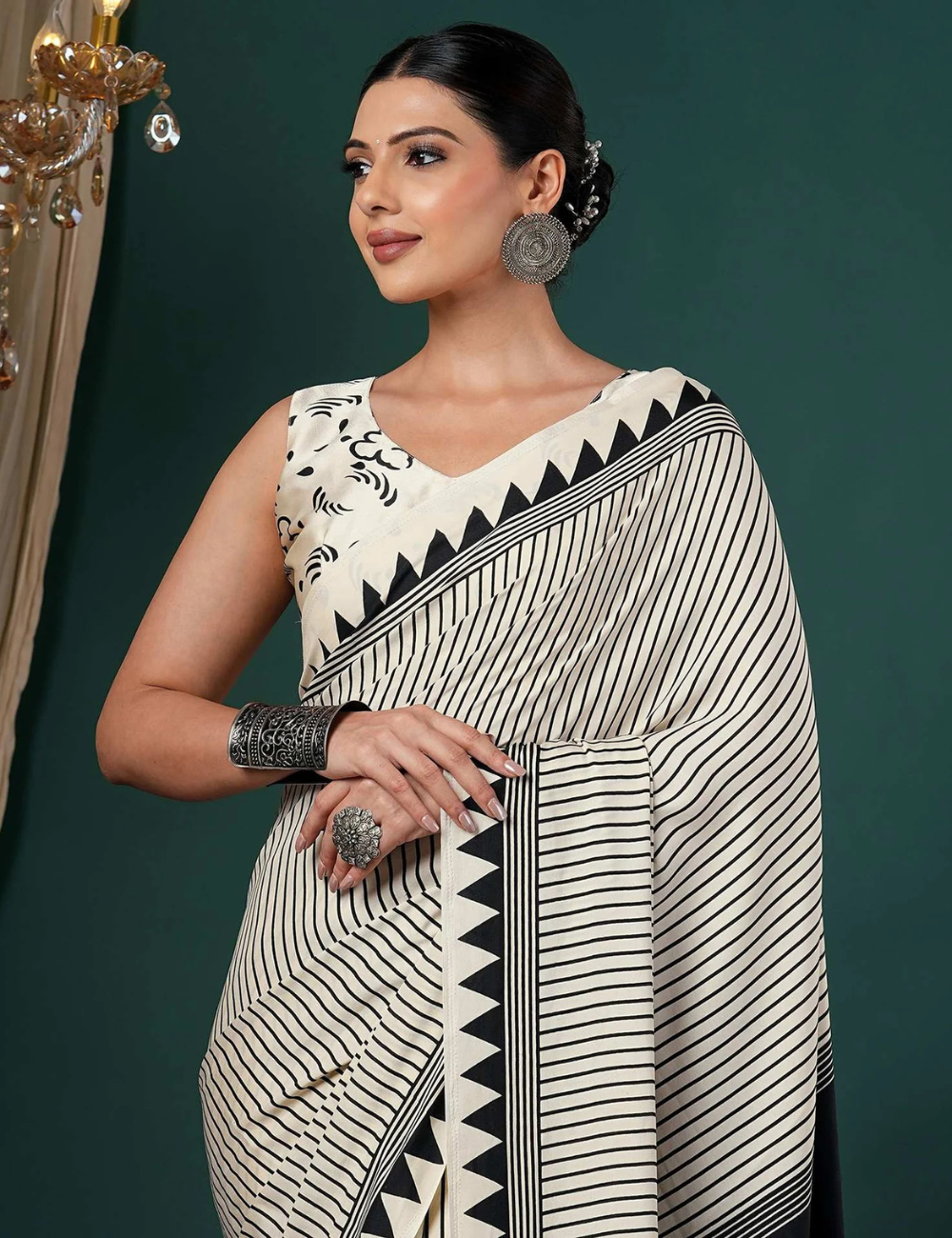 White Black Line Ajrakh Premium Modal Silk Saree With Blouse