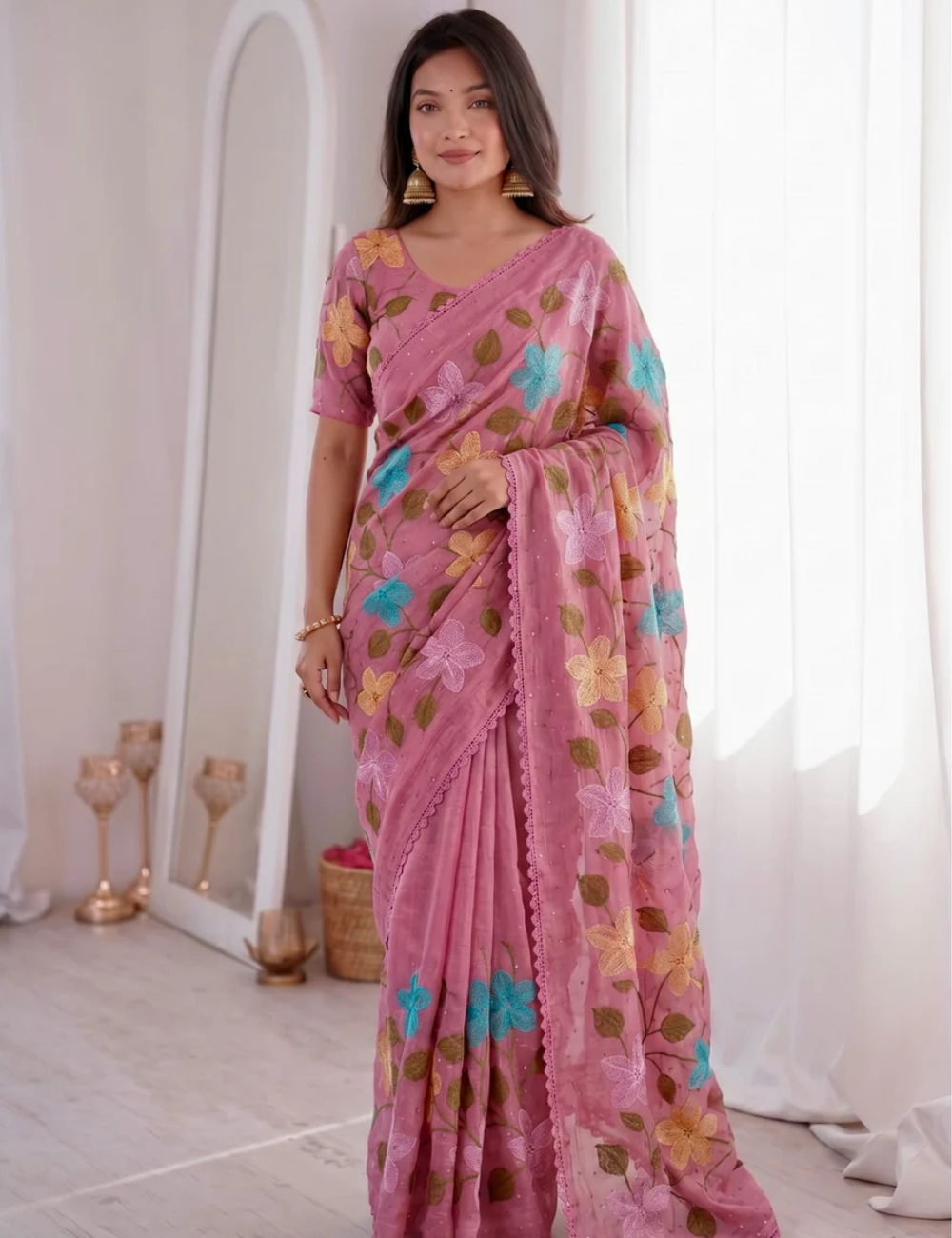 Pink Viscose Saree with Floral Thread Work
