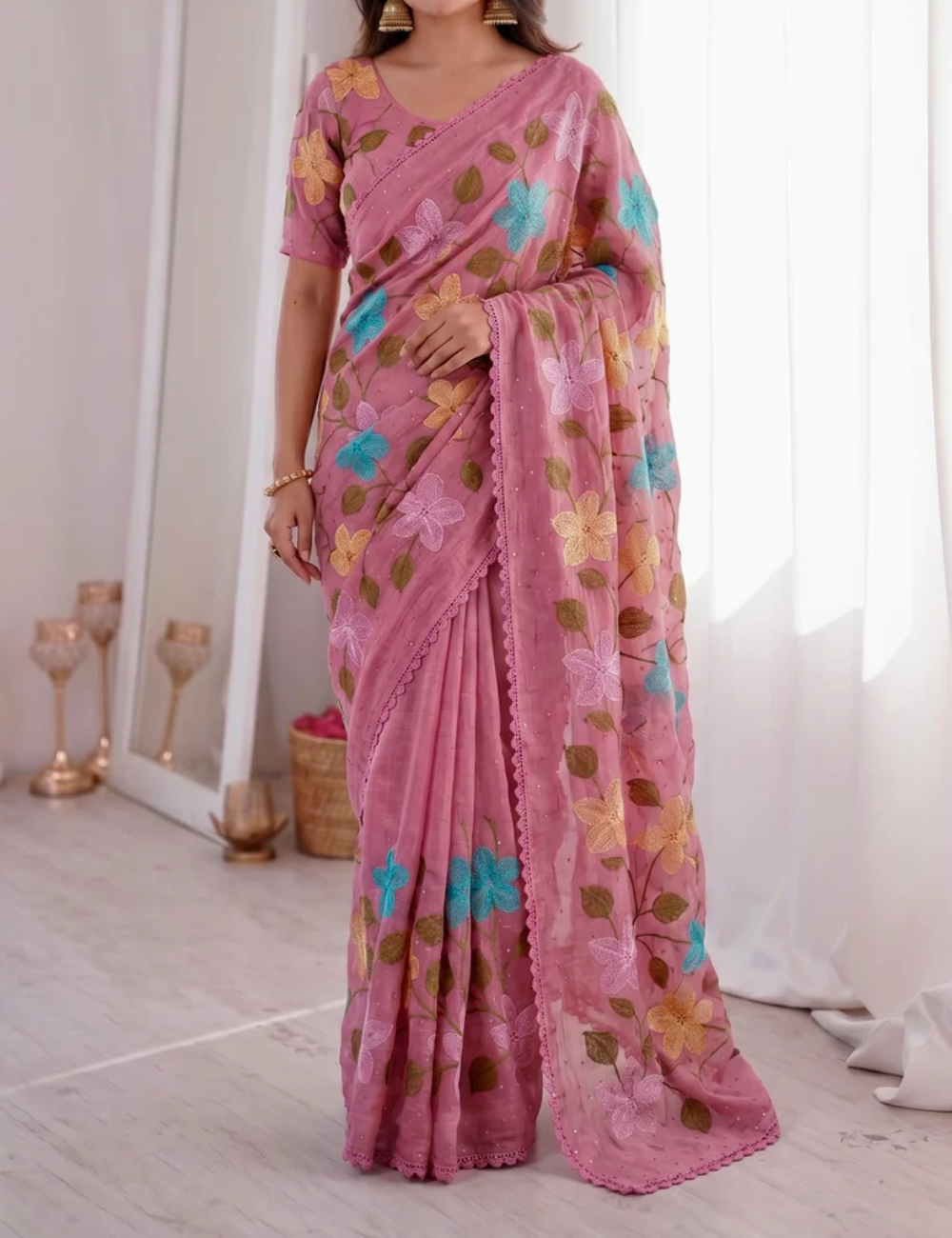Pink Viscose Saree with Floral Thread Work