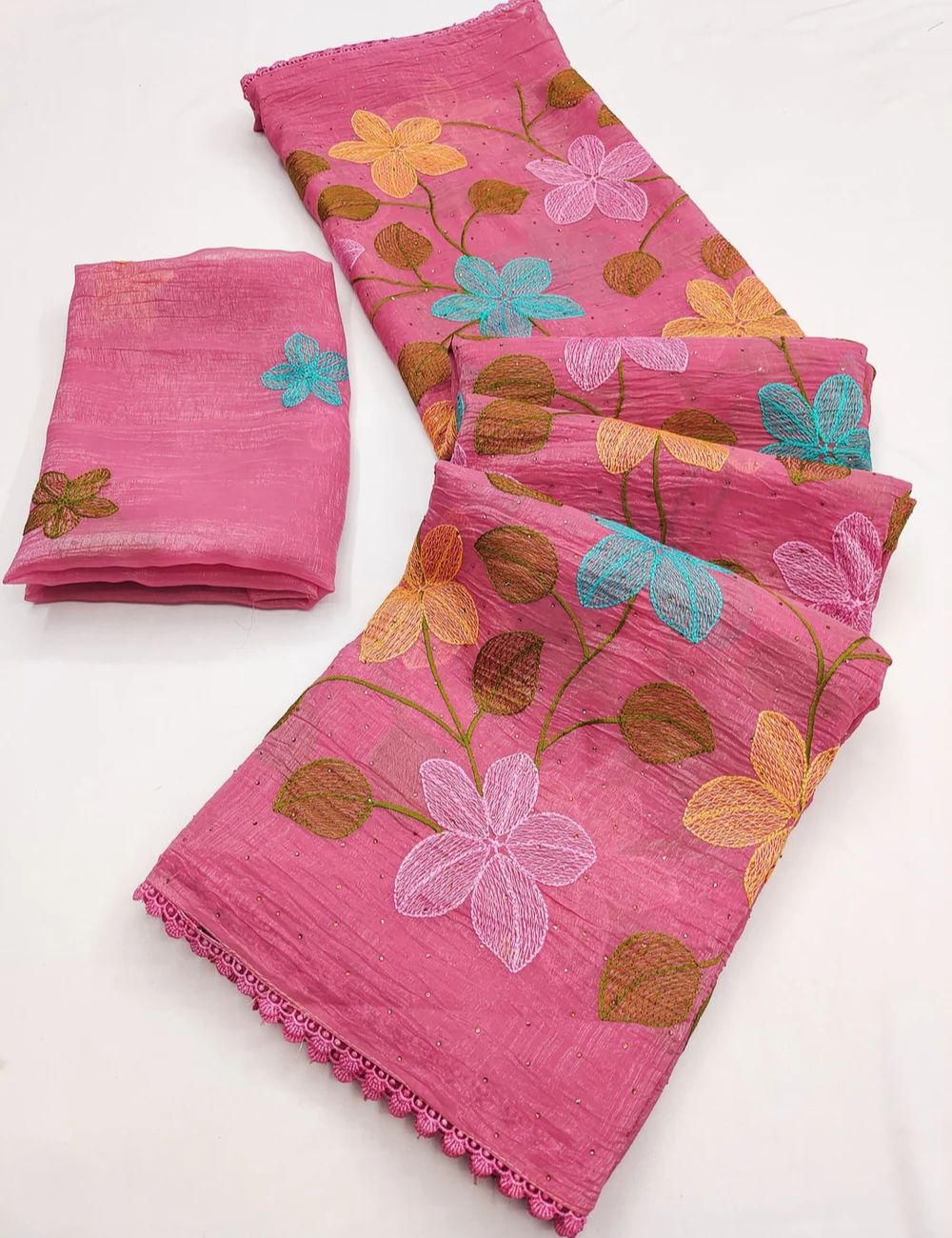 Pink Viscose Saree with Floral Thread Work