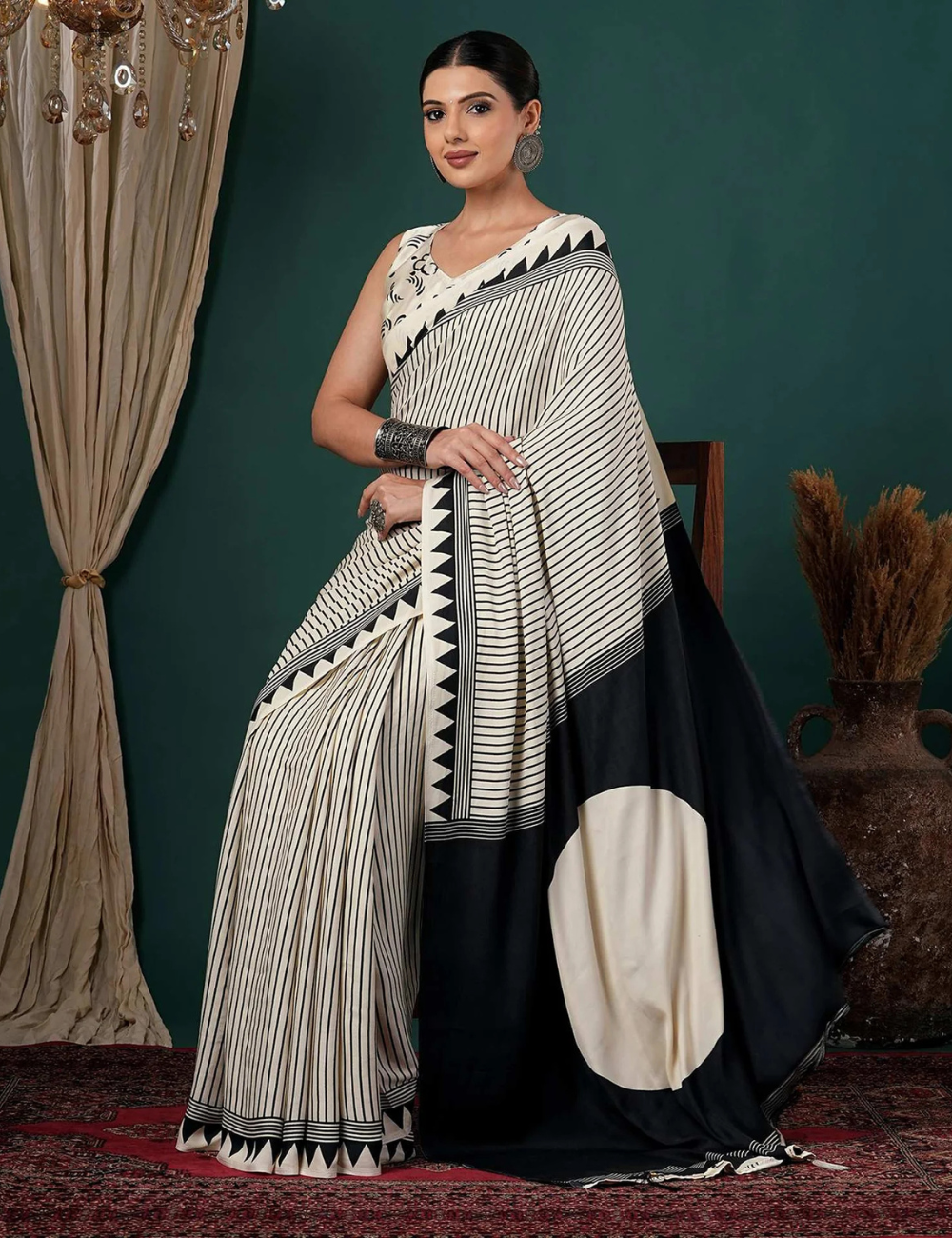 White Black Line Ajrakh Premium Modal Silk Saree With Blouse