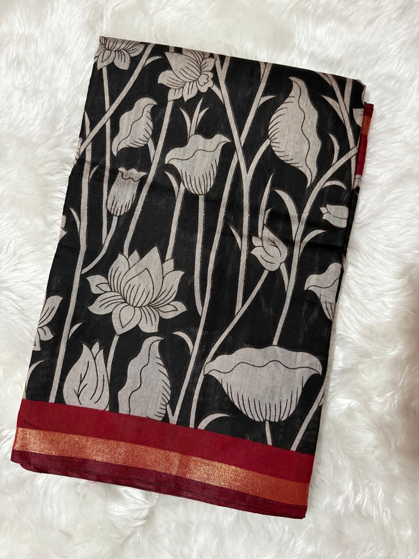 Floral Kalamkari Silk Saree – Black with Red Zari Border
