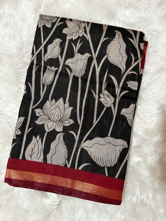 Floral Kalamkari Silk Saree – Black with Red Zari Border