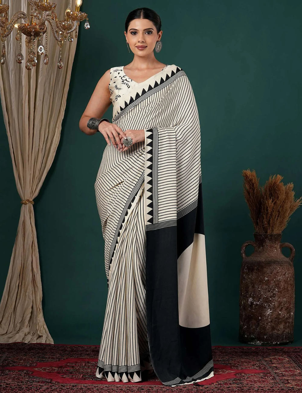 White Black Line Ajrakh Premium Modal Silk Saree With Blouse