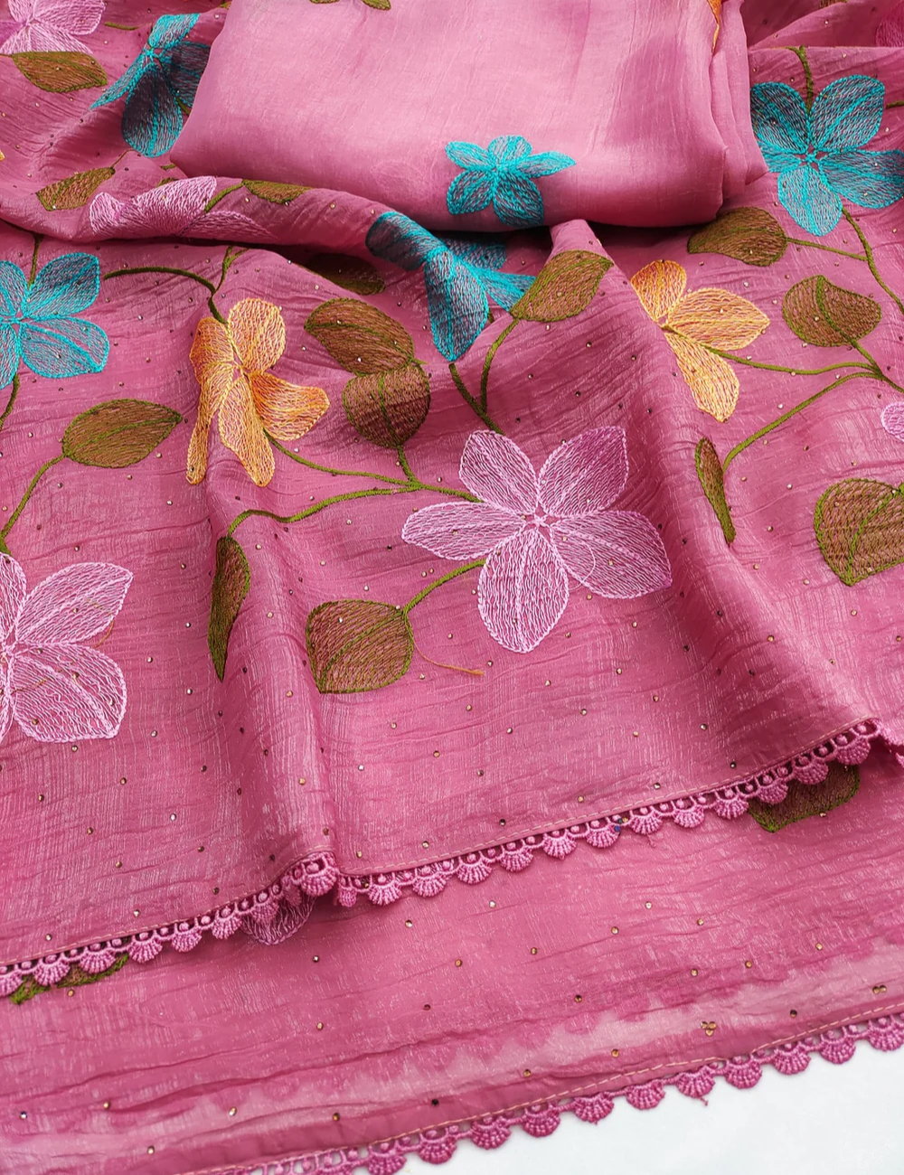 Pink Viscose Saree with Floral Thread Work