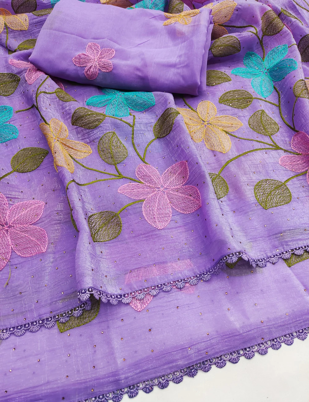 Lavender Viscose Saree with Floral Thread Work