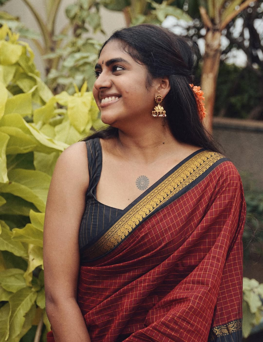 Nimisha Sajayan inspired Maroon with Black checked Silk Cotton Saree